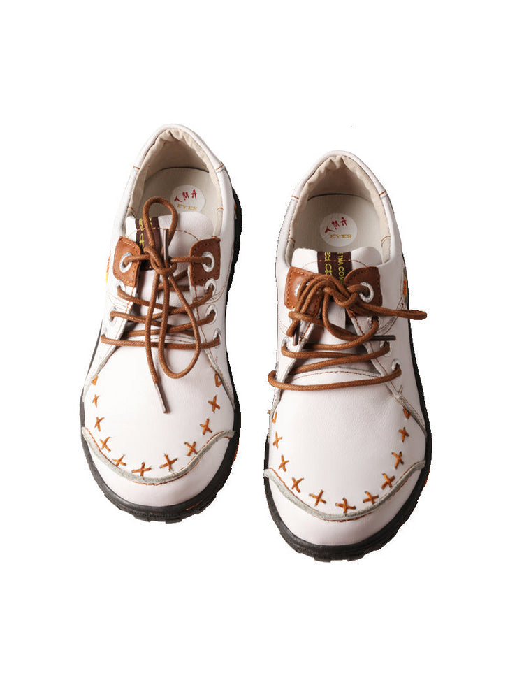 TMA EYES Top-Grain Leather Color-Block Sneakers  Hand-Stitched Casual