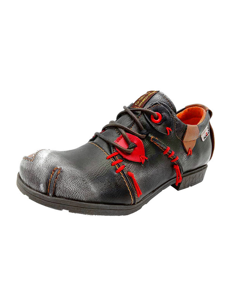 TMA EYES MAiA Hand Stitched Leather Shoes   Retro Lace-Up Low Heel Casual