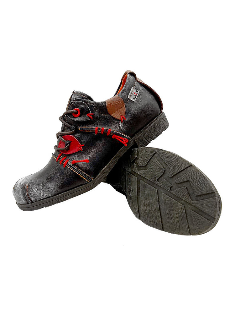 TMA EYES MAiA Hand Stitched Leather Shoes   Retro Lace-Up Low Heel Casual