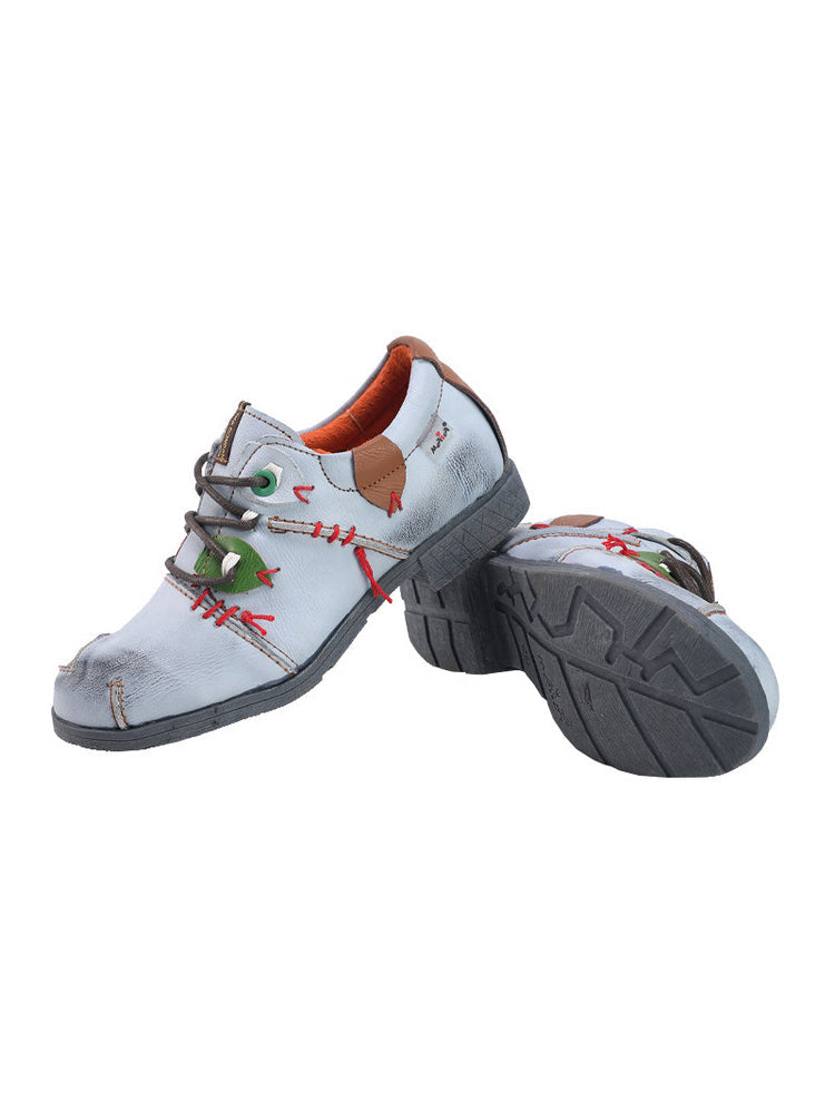 TMA EYES MAiA Hand Stitched Leather Shoes   Retro Lace-Up Low Heel Casual