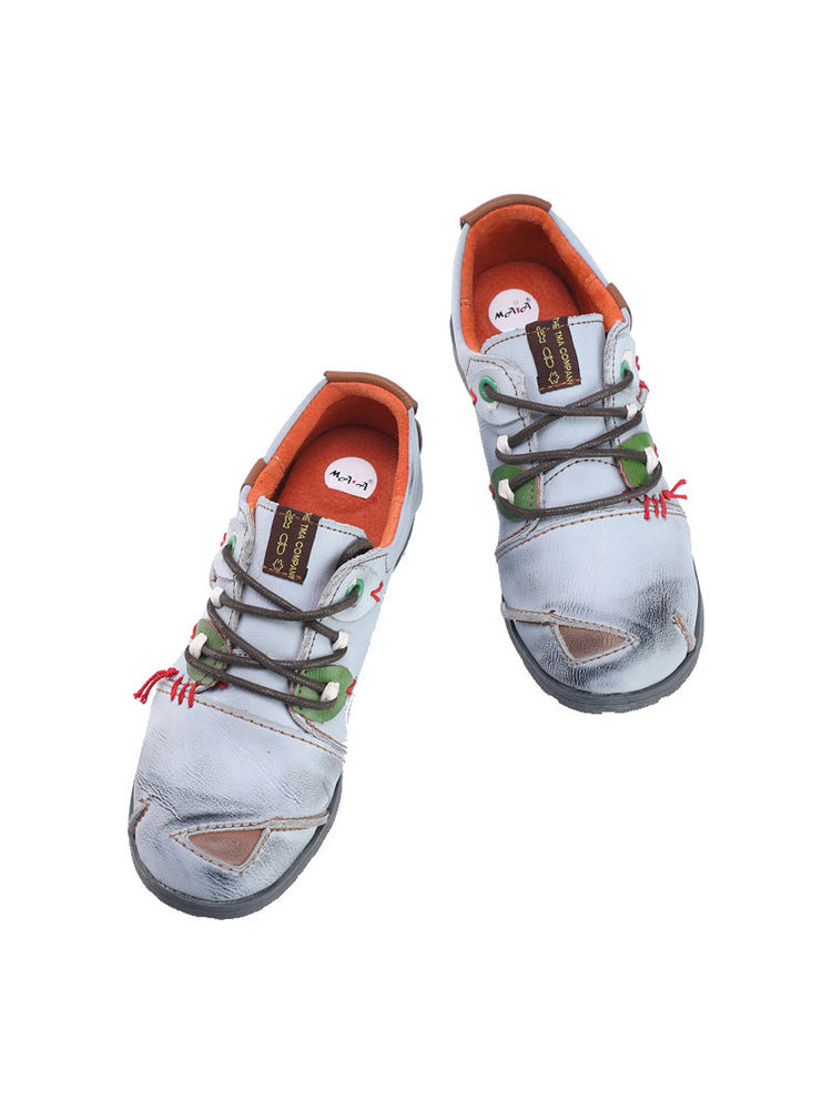 TMA EYES MAiA Hand Stitched Leather Shoes   Retro Lace-Up Low Heel Casual