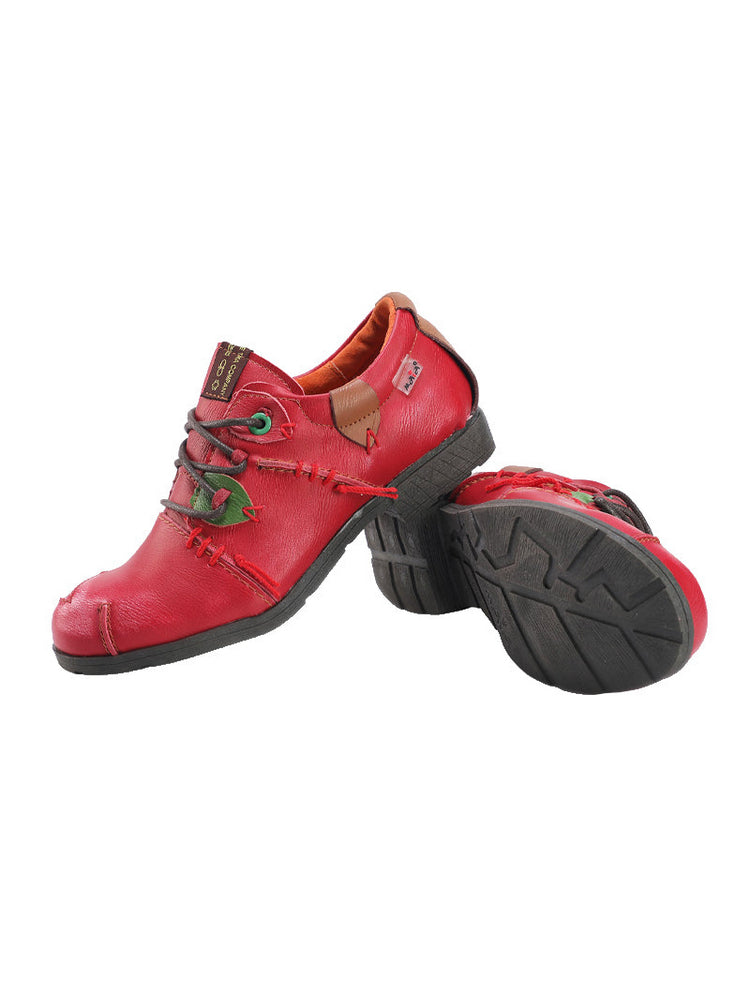 TMA EYES MAiA Hand Stitched Leather Shoes   Retro Lace-Up Low Heel Casual