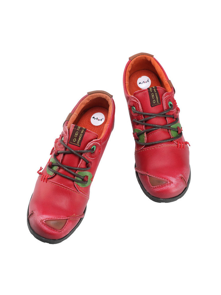TMA EYES MAiA Hand Stitched Leather Shoes   Retro Lace-Up Low Heel Casual