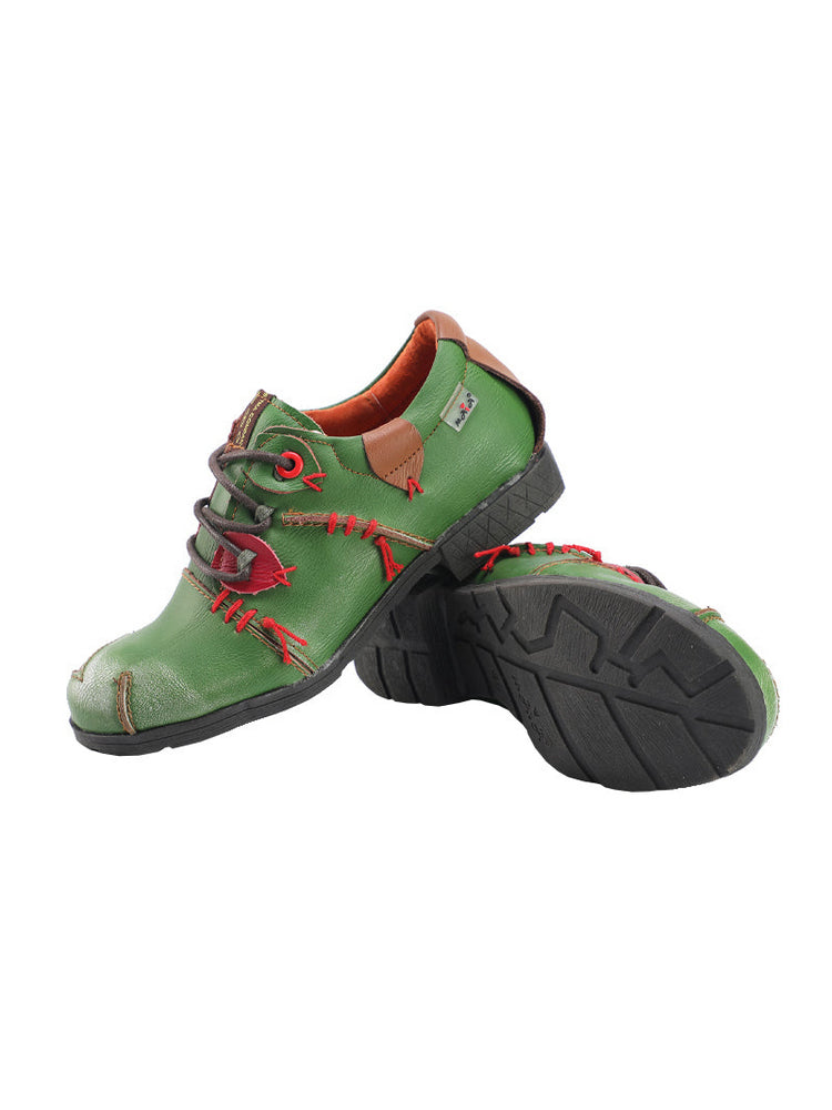 TMA EYES MAiA Hand Stitched Leather Shoes   Retro Lace-Up Low Heel Casual