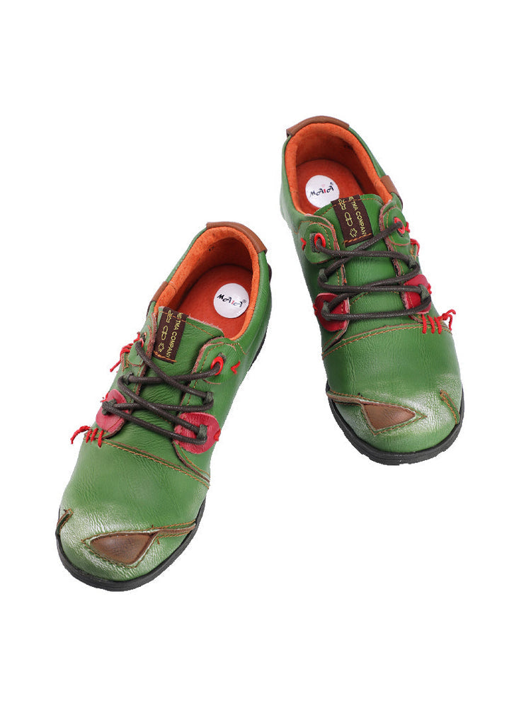 TMA EYES MAiA Hand Stitched Leather Shoes   Retro Lace-Up Low Heel Casual