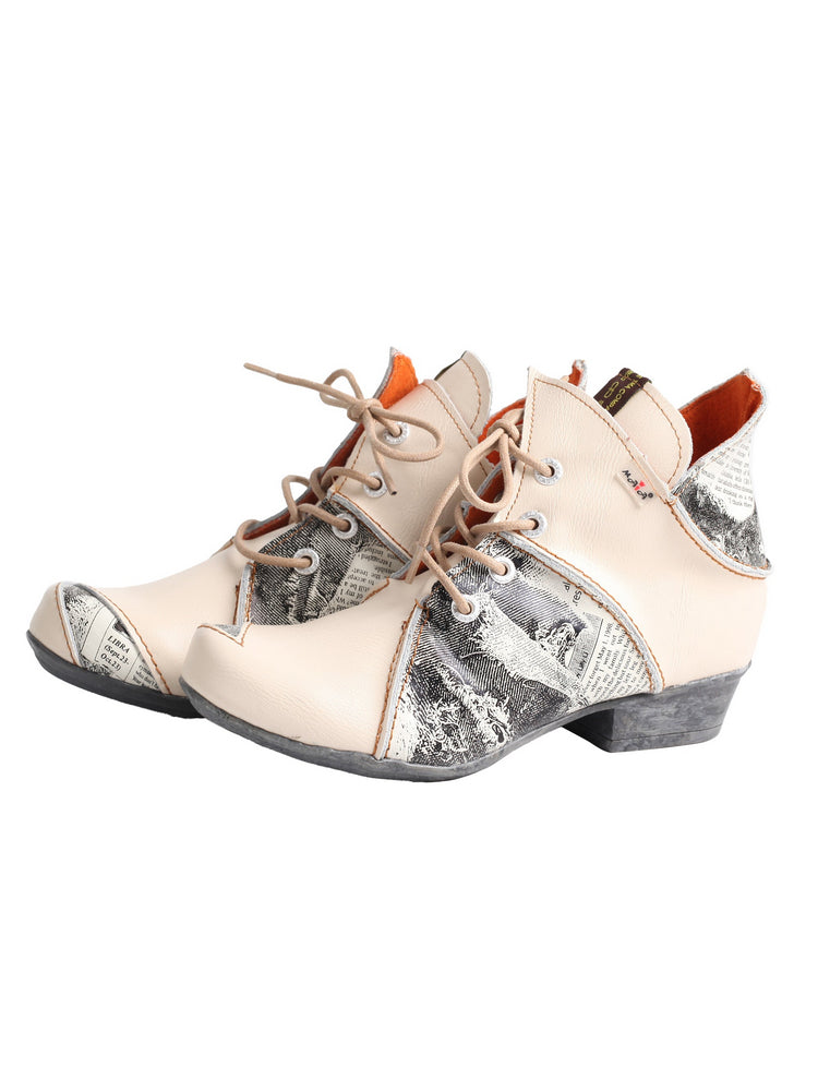 TMA EYES Newspaper Print Ankle Boots  Leather Lace-Up Women's Short Boot
