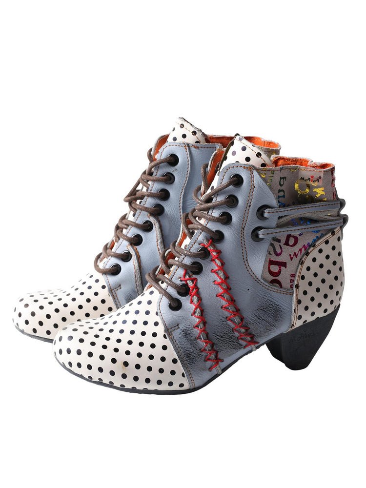 TMA EYES Polka Dot Leather Boots  Moccasin Hand Stitched Women's Casual