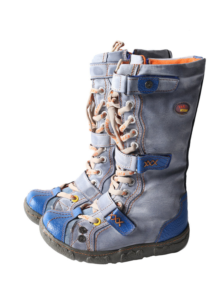 TMA EYES Winter Washed PU Leather Flat Boots Strap-Accent Plus Size