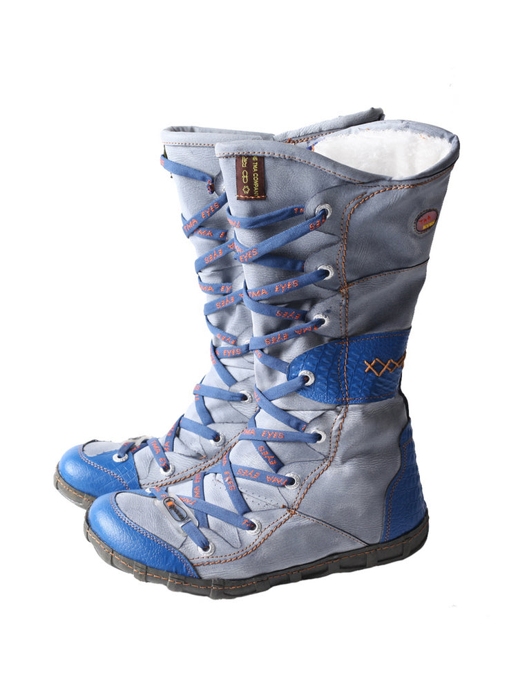 TMA EYES Long Contrast-Stitch Boots  Lace-Up Side Zipper Women's Washed