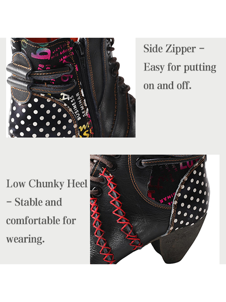 TMA EYES Polka Dot Leather Boots  Moccasin Hand Stitched Women's Casual