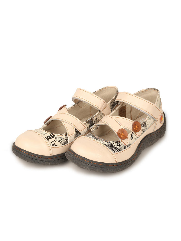 TMA EYES Leather Flat Shoes  Women's Button Criss-Cross Strap Casual