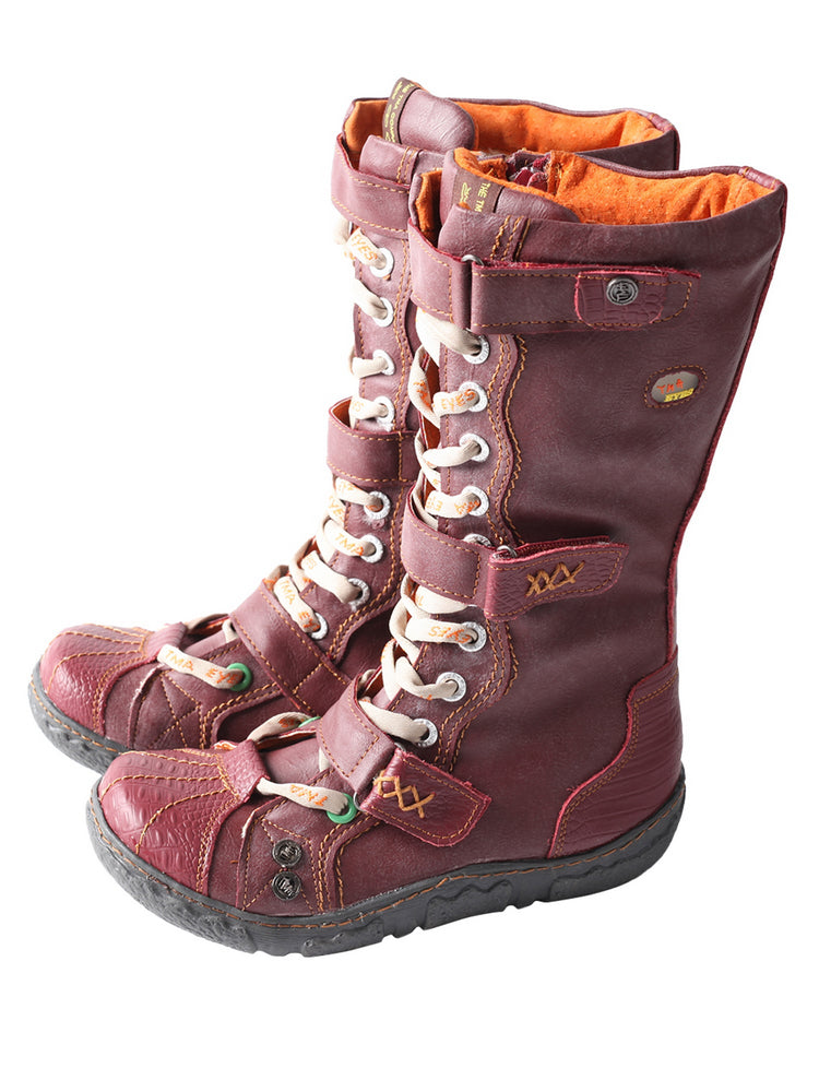 TMA EYES Winter Washed PU Leather Flat Boots Strap-Accent Plus Size