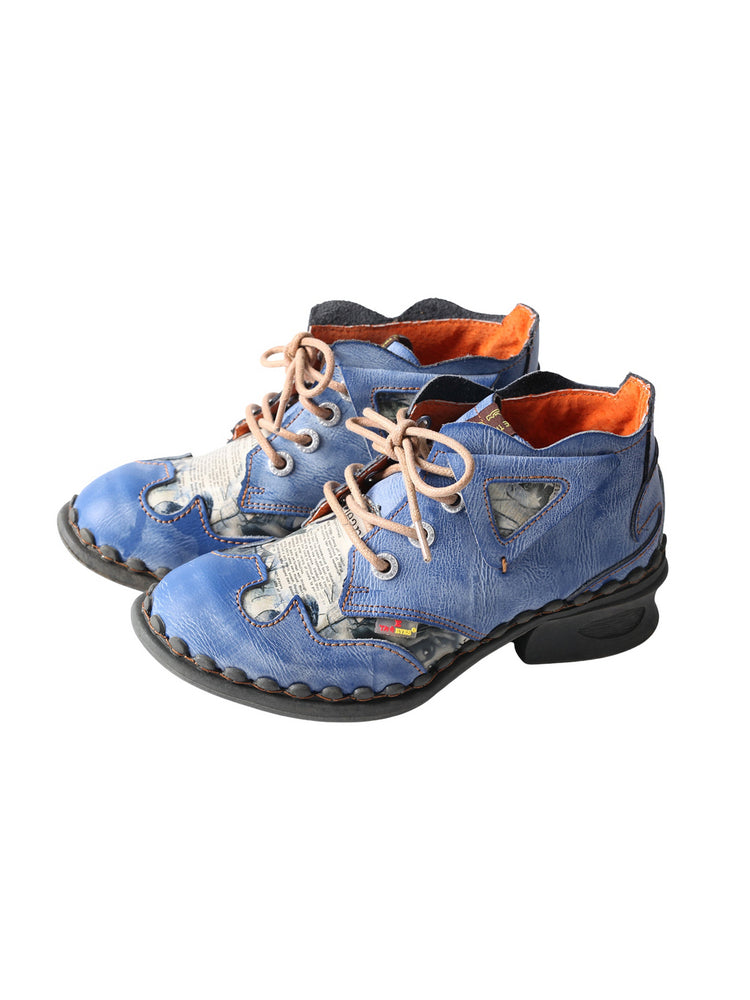 TMA EYES Floral Print Ankle Boots  Medium Heel Leather Outdoor Women's Shoe