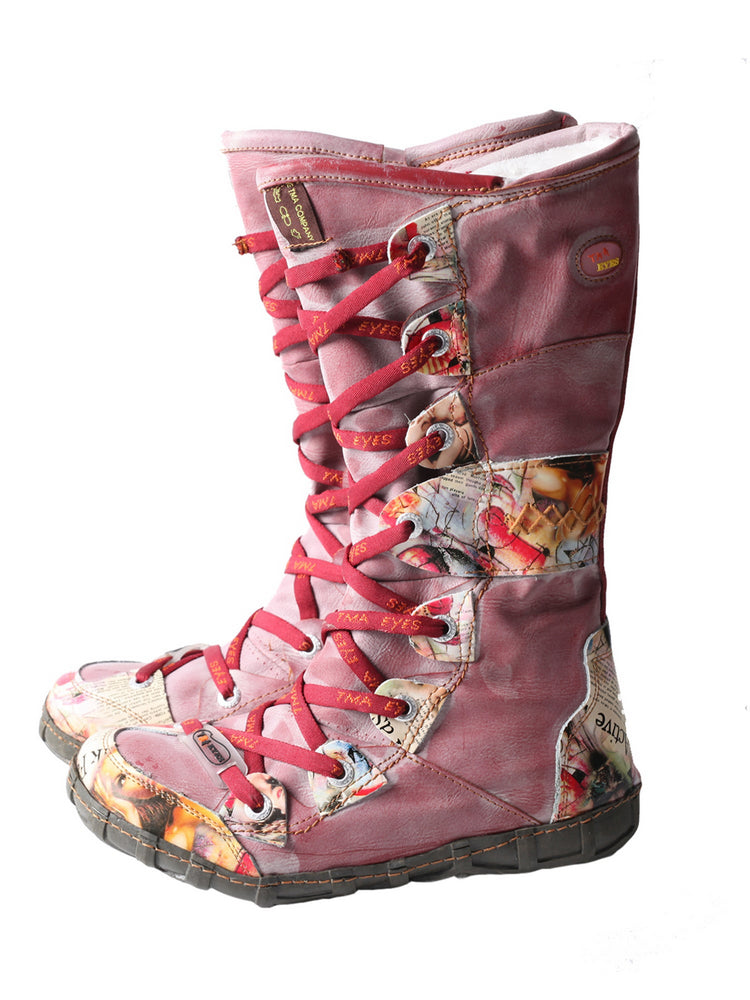 TMA EYES Long Contrast-Stitch Boots  Lace-Up Side Zipper Women's Washed