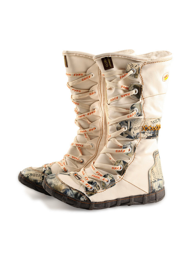 TMA EYES Long Contrast-Stitch Boots  Lace-Up Side Zipper Women's Washed