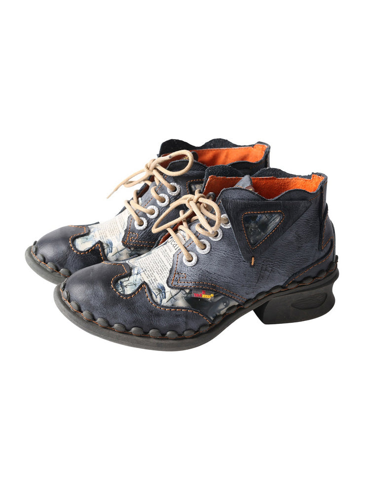 TMA EYES Floral Print Ankle Boots  Medium Heel Leather Outdoor Women's Shoe