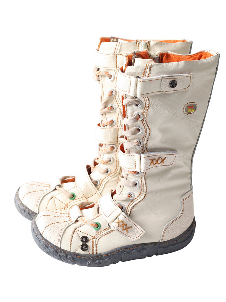 TMA EYES Winter Washed PU Leather Flat Boots Strap-Accent Plus Size