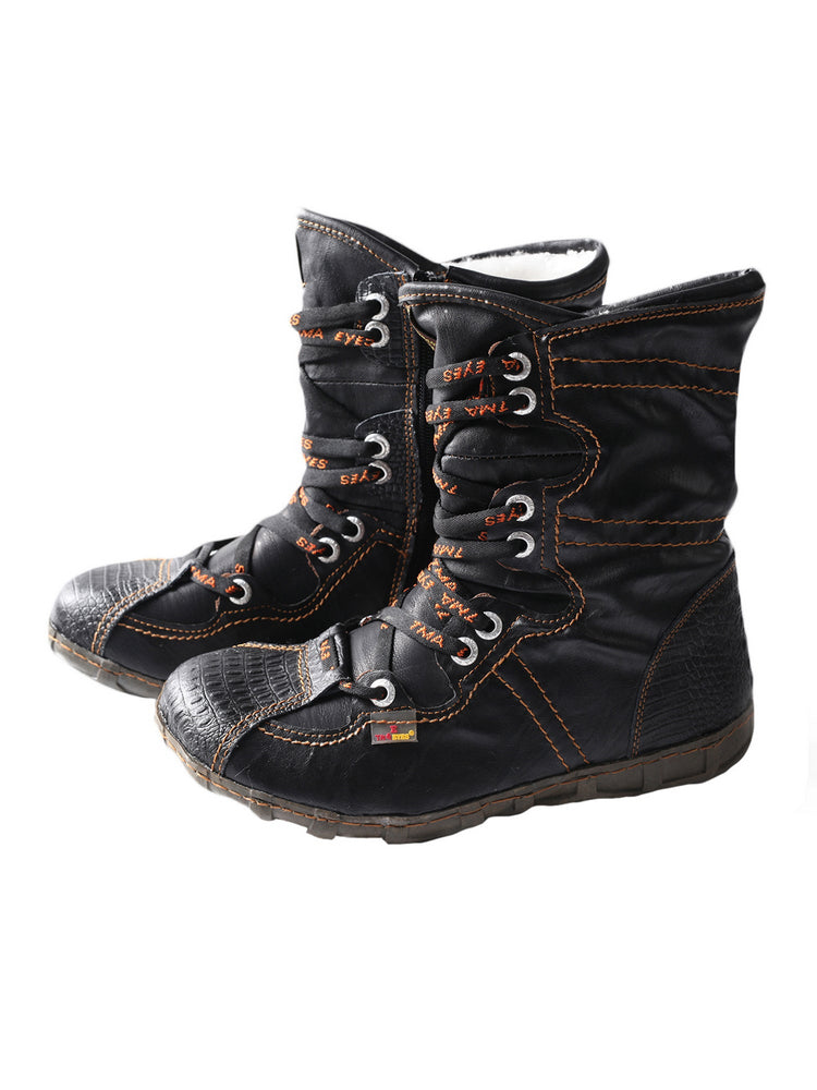 TMA EYES Women's Snake-Embossed Short Boot Faux Fur Lined Leather & PU