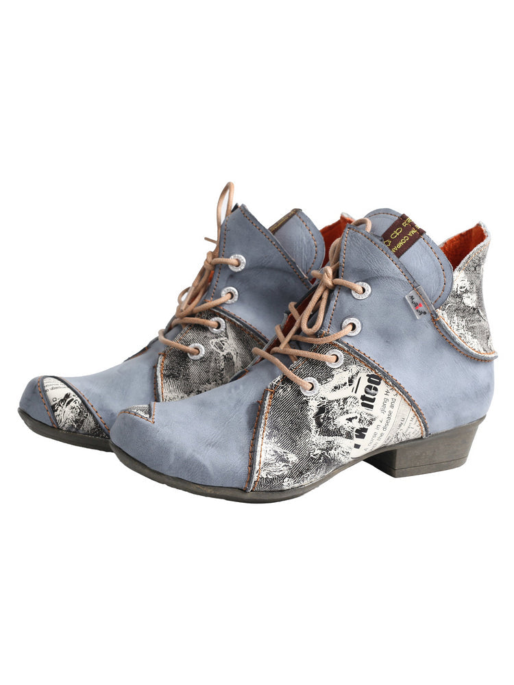 TMA EYES Newspaper Print Ankle Boots  Leather Lace-Up Women's Short Boot