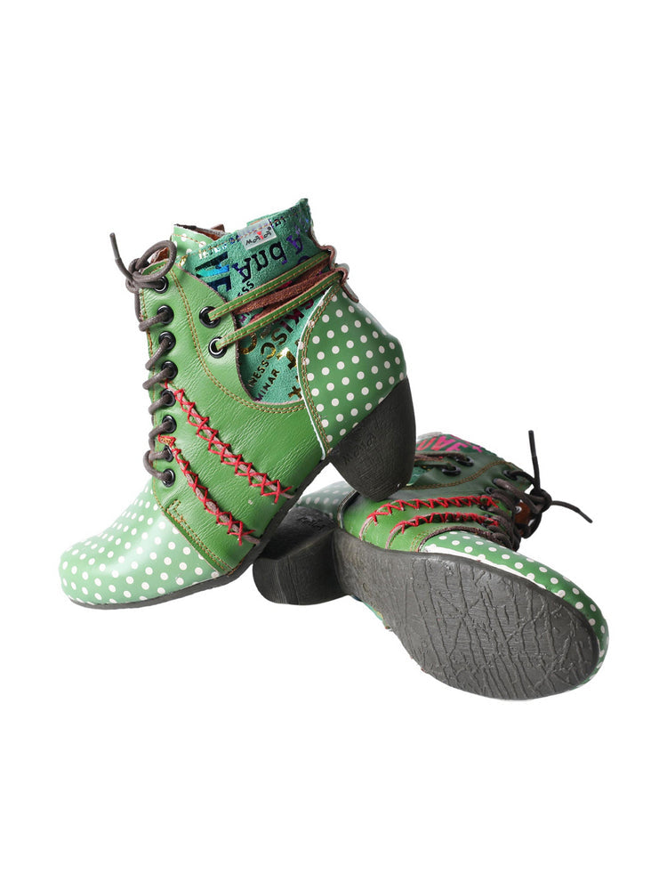TMA EYES Polka Dot Leather Boots  Moccasin Hand Stitched Women's Casual