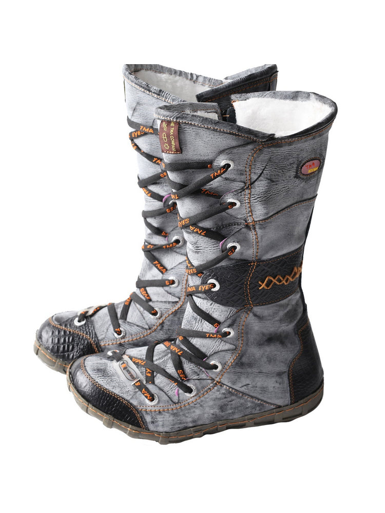 TMA EYES Long Contrast-Stitch Boots  Lace-Up Side Zipper Women's Washed