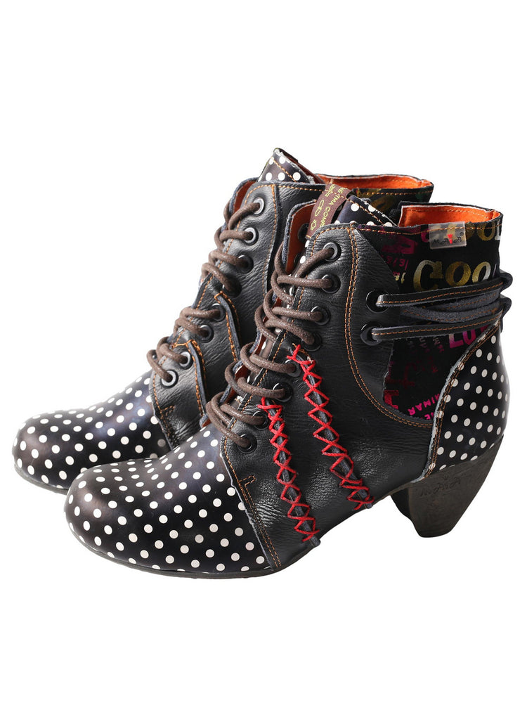 TMA EYES Polka Dot Leather Boots  Moccasin Hand Stitched Women's Casual