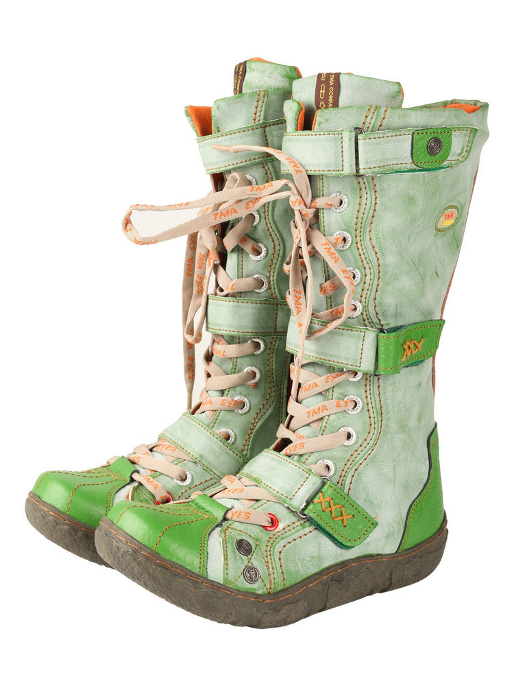 TMA EYES Winter Washed PU Leather Flat Boots Strap-Accent Plus Size