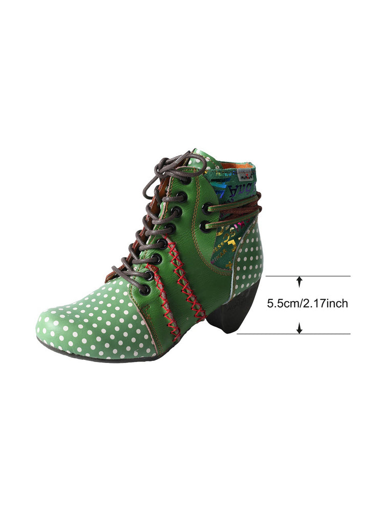 TMA EYES Polka Dot Leather Boots  Moccasin Hand Stitched Women's Casual