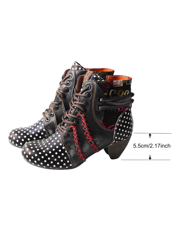TMA EYES Polka Dot Leather Boots  Moccasin Hand Stitched Women's Casual