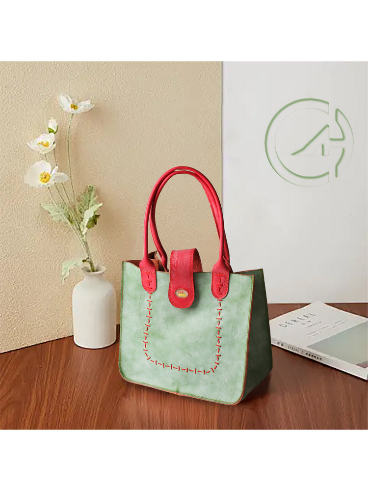 TMA EYES New Handcrafted Color-Blocked Genuine Leather Tote Bag: Perfect for School, Work, and Commuting