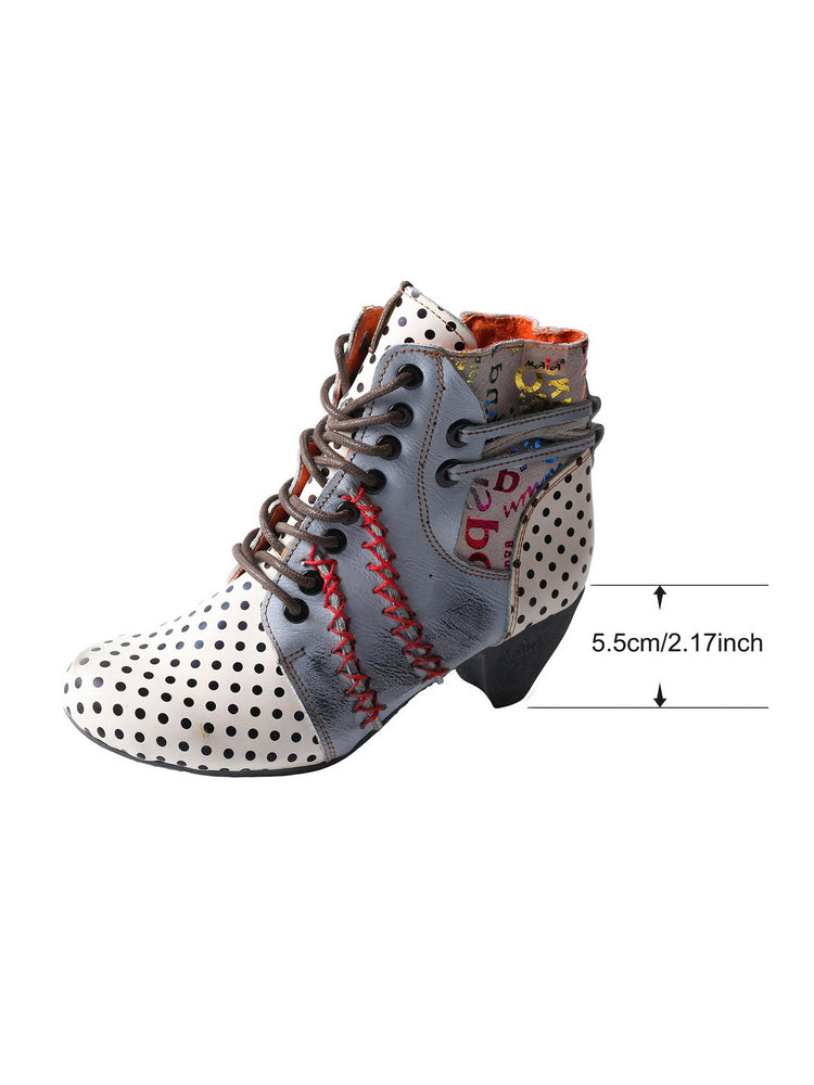 TMA EYES Polka Dot Leather Boots  Moccasin Hand Stitched Women's Casual