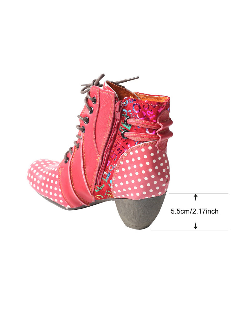 TMA EYES Polka Dot Leather Boots  Moccasin Hand Stitched Women's Casual