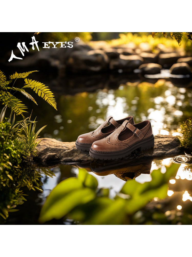 TMA EYES Platform Loafers Chunky T-Strap Hollow Round Toe Vintage Shoe