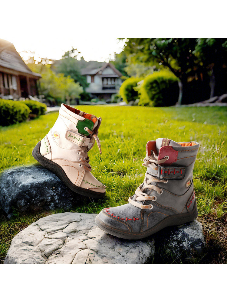 TMA EYES Mid-Calf Boots   Patchwork Leather PU Hand Stitched Lace-Up Women's