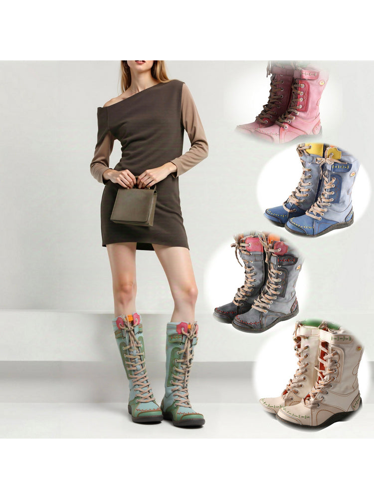 TMA EYES Faux Fur Mid-Calf Boots  Patchwork Leather/PU Hand Stitched Lace-Up