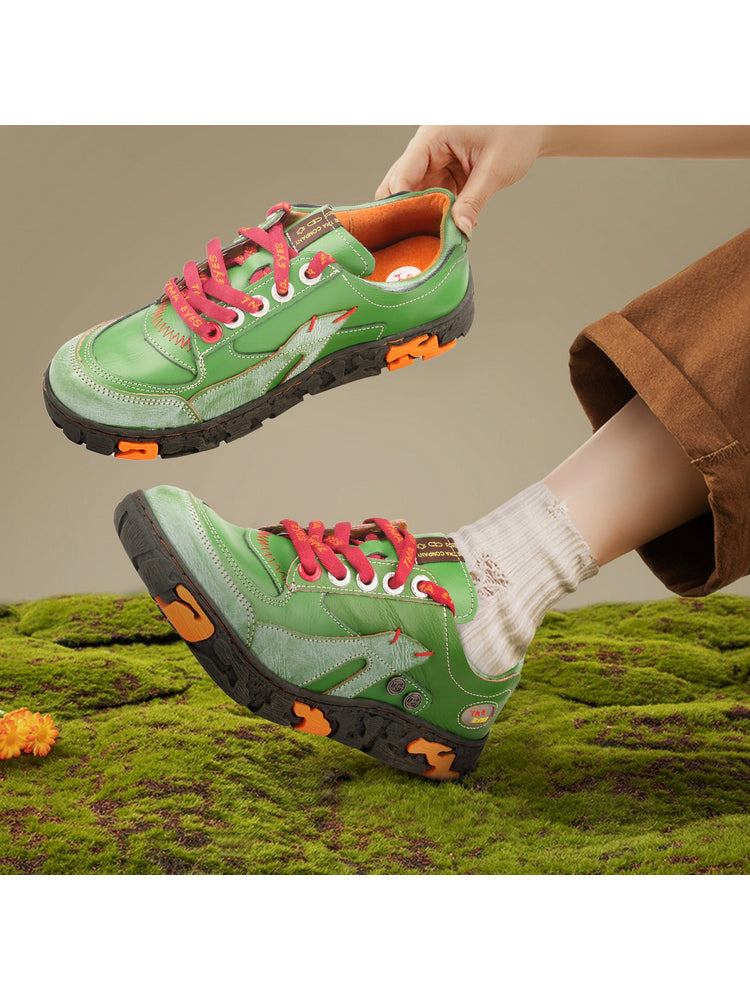 TMA EYES Women's Leather Patchwork Casual Shoes   Lace-up Fashion Sneaker