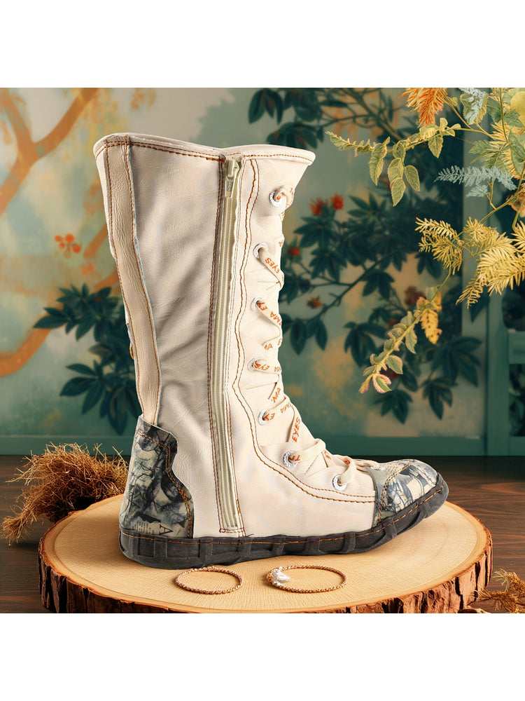 TMA EYES Long Contrast-Stitch Boots  Lace-Up Side Zipper Women's Washed