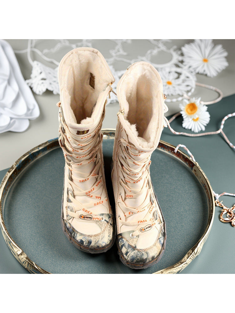 TMA EYES Long Contrast-Stitch Boots  Lace-Up Side Zipper Women's Washed