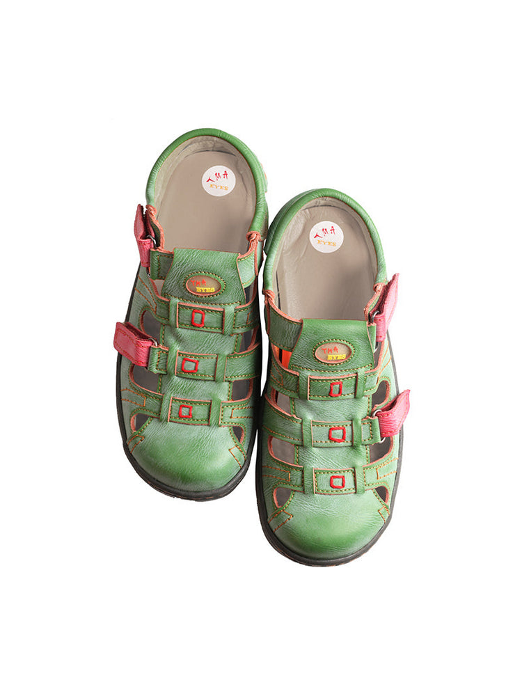 TMA EYES Leather Sandals  Closed-Toe Velcro Adjustable Round Toe Women's