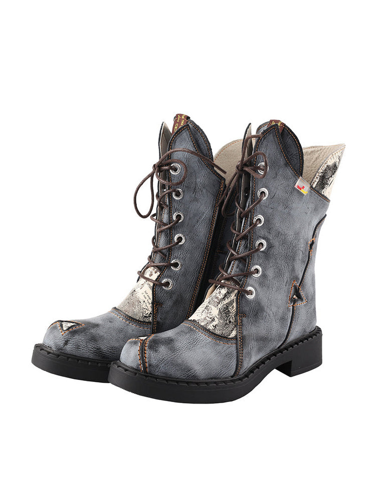 TMA EYES Mid-Calf Martin Boots  Thick Heel Irregular Splicing Lace-Up Women's