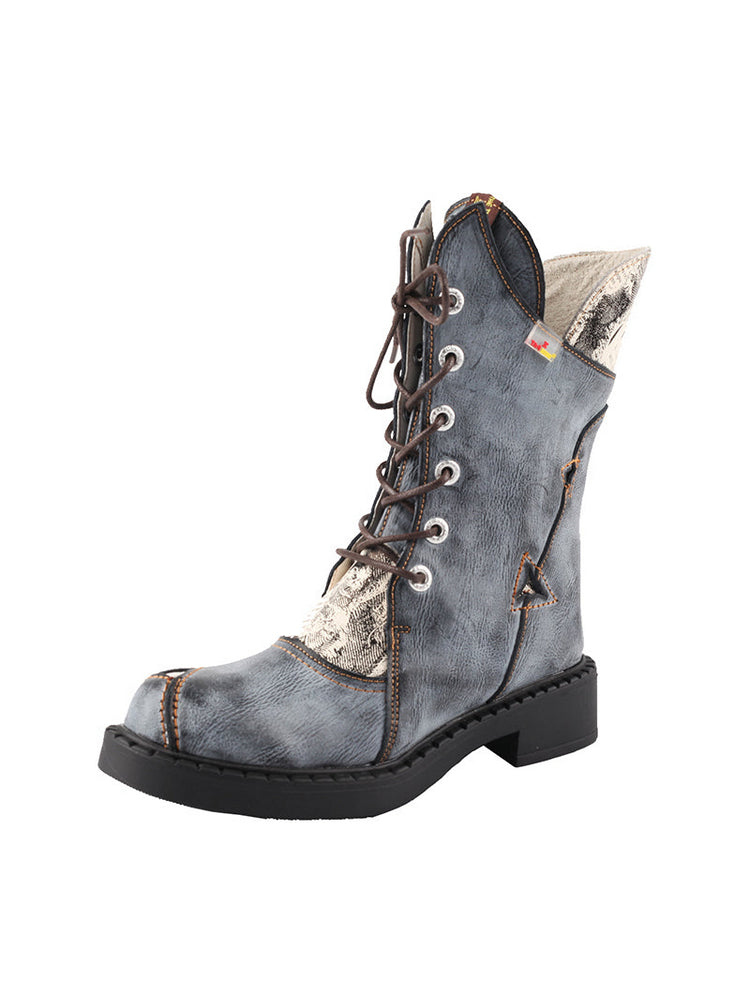 TMA EYES Mid-Calf Martin Boots  Thick Heel Irregular Splicing Lace-Up Women's