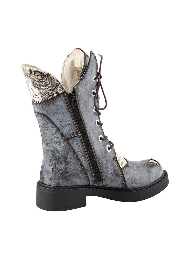 TMA EYES Mid-Calf Martin Boots  Thick Heel Irregular Splicing Lace-Up Women's