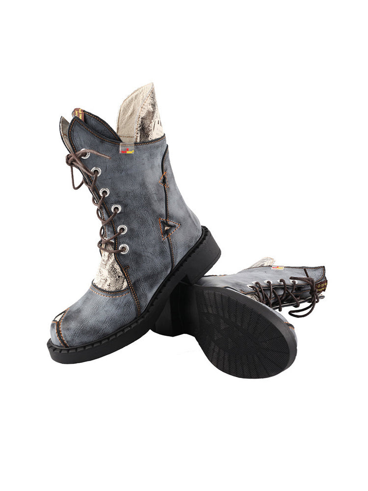 TMA EYES Mid-Calf Martin Boots  Thick Heel Irregular Splicing Lace-Up Women's