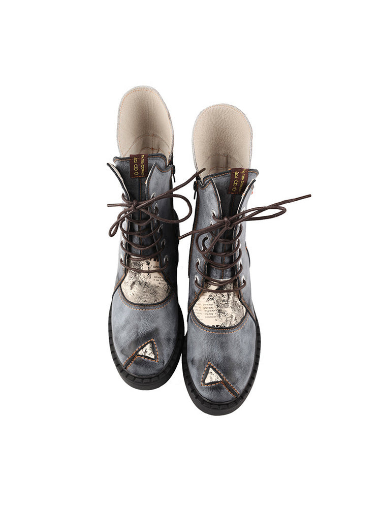 TMA EYES Mid-Calf Martin Boots  Thick Heel Irregular Splicing Lace-Up Women's