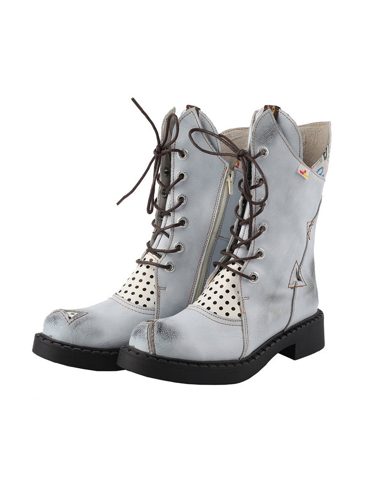 TMA EYES Mid-Calf Martin Boots  Thick Heel Irregular Splicing Lace-Up Women's