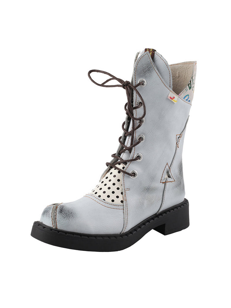 TMA EYES Mid-Calf Martin Boots  Thick Heel Irregular Splicing Lace-Up Women's