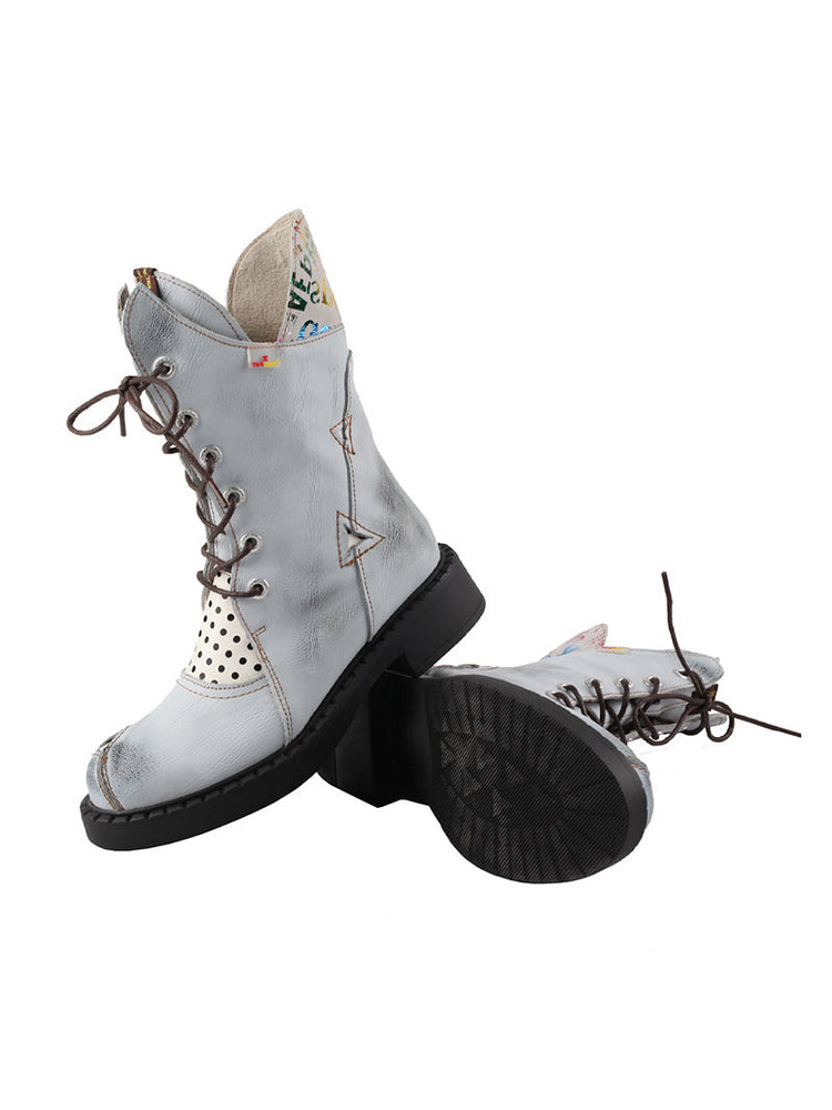 TMA EYES Mid-Calf Martin Boots  Thick Heel Irregular Splicing Lace-Up Women's