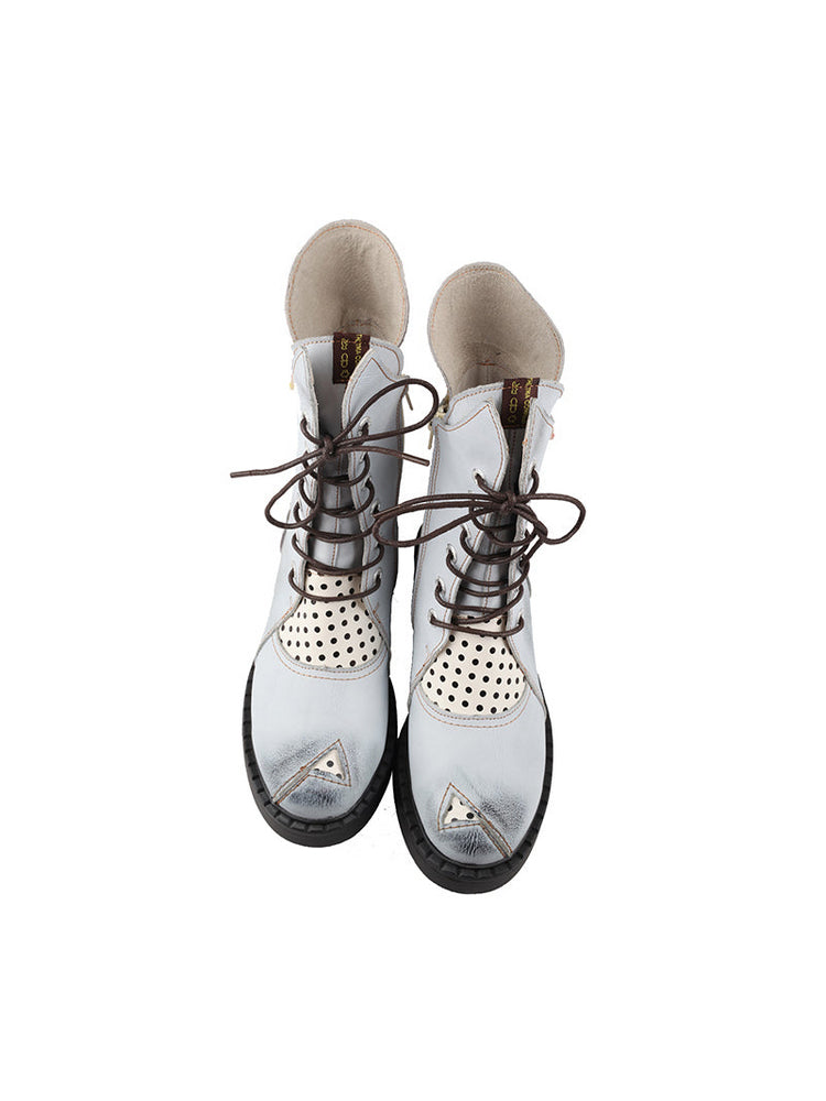 TMA EYES Mid-Calf Martin Boots  Thick Heel Irregular Splicing Lace-Up Women's