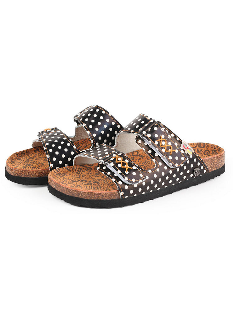 TMA EYES Polka Dot Leather Sandals   Hand Stitched Open Toe Footbed Flats