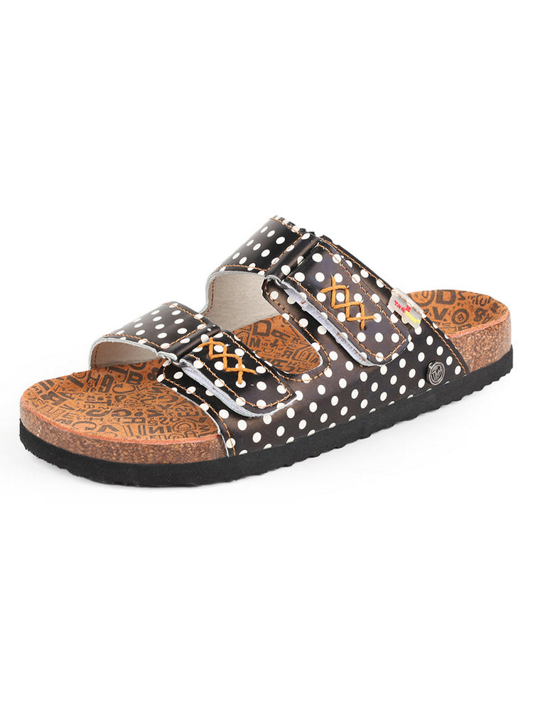 TMA EYES Polka Dot Leather Sandals   Hand Stitched Open Toe Footbed Flats
